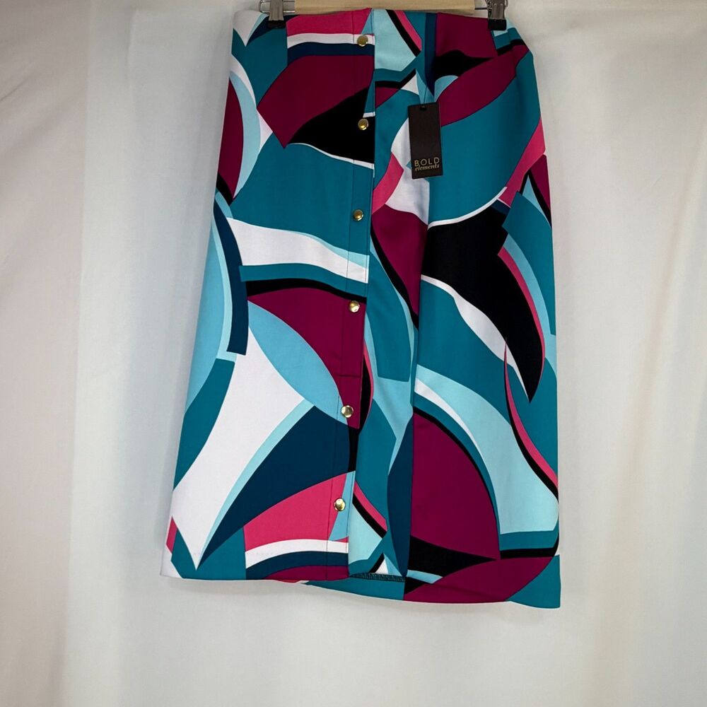 Size L Bold Elements Geometric Print Faux Wrap Midi Skirt NWT Teal Multi Color